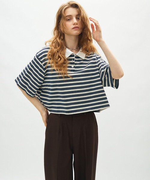 full/fill.(フルフィル)の「border short polo T / ボーダーショートポロT(Tシャツ/カットソー・レディース・ネイビー/グレー・FREE)」の15枚目の写真