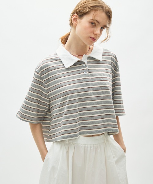 full/fill.(フルフィル)の「border short polo T / ボーダーショートポロT(Tシャツ/カットソー・レディース・ネイビー/グレー・FREE)」の3枚目の写真