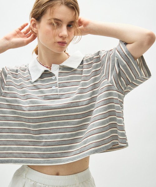 full/fill.(フルフィル)の「border short polo T / ボーダーショートポロT(Tシャツ/カットソー・レディース・ネイビー/グレー・FREE)」の6枚目の写真