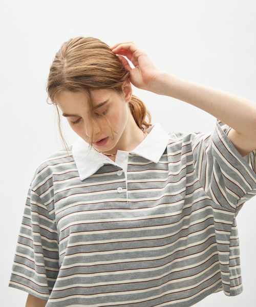 full/fill.(フルフィル)の「border short polo T / ボーダーショートポロT(Tシャツ/カットソー・レディース・ネイビー/グレー・FREE)」の7枚目の写真