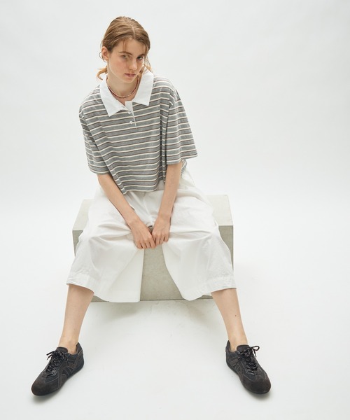 full/fill.(フルフィル)の「border short polo T / ボーダーショートポロT(Tシャツ/カットソー・レディース・ネイビー/グレー・FREE)」の9枚目の写真