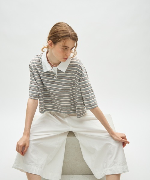 full/fill.(フルフィル)の「border short polo T / ボーダーショートポロT(Tシャツ/カットソー・レディース・ネイビー/グレー・FREE)」の8枚目の写真