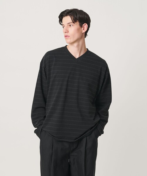 MONKEY TIME(モンキータイム)の「ウォッシュド ボーダー Vネック ロングスリーブ Tシャツ(Tシャツ/カットソー・メンズ・ブラック/レッド・S/M/L/XL)」の2枚目の写真