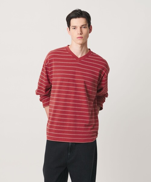 MONKEY TIME(モンキータイム)の「ウォッシュド ボーダー Vネック ロングスリーブ Tシャツ(Tシャツ/カットソー・メンズ・ブラック/レッド・S/M/L/XL)」の5枚目の写真