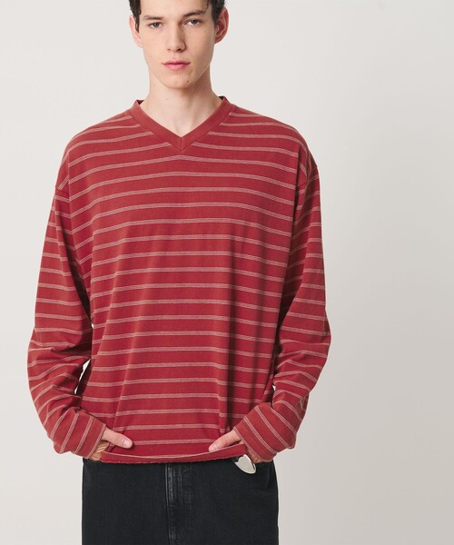 MONKEY TIME(モンキータイム)の「ウォッシュド ボーダー Vネック ロングスリーブ Tシャツ(Tシャツ/カットソー・メンズ・ブラック/レッド・S/M/L/XL)」の6枚目の写真