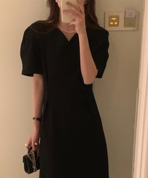 Vネック パフスリーブ ウエストマーク ロングワンピース