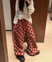 チェック柄ボアフリースワイドパンツ