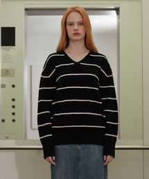 V-neck Color Striped Knit (Black)