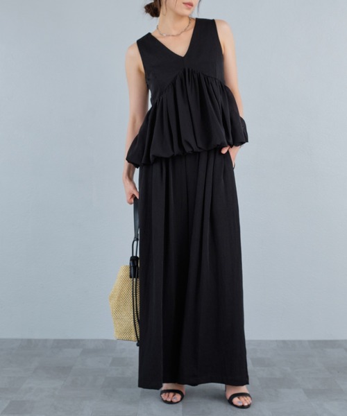 murea（ミュレア）の「Vネックバルーンヘムプルオーバーベスト+タックルーズワイドパンツset（セットアップ・レディース・ブラック×ホワイト/グレイッシュベージュ/ベージュ/ブラック×ブラック・FREE）」の3枚目の写真