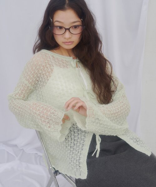 DISCOAT(ディスコート)の「【umm.】前リボンモヘアライクルーズニット(ニット/セーター・レディース・ミント/アイボリー/サックスブルー/グレー/レモンイエロー・FREE)」の4枚目の写真