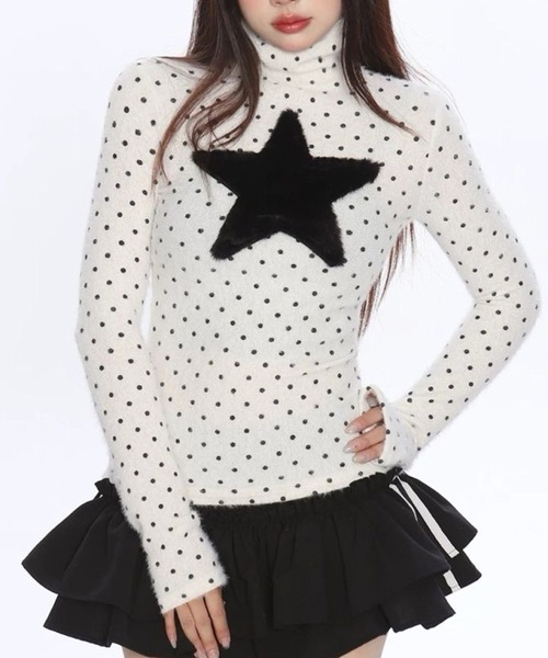AsheKsha(アシクシャ)の「水玉星柄ハイネックフィット長袖トップス(Tシャツ/カットソー・レディース・ホワイト・M)」の13枚目の写真