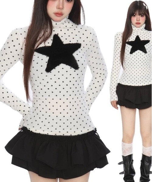 AsheKsha(アシクシャ)の「水玉星柄ハイネックフィット長袖トップス(Tシャツ/カットソー・レディース・ホワイト・M)」の14枚目の写真