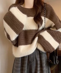 クロップドワイドシルエット ボーダー クルーネックニット