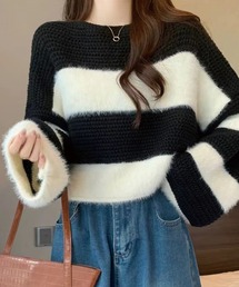 クロップドワイドシルエット ボーダー クルーネックニット