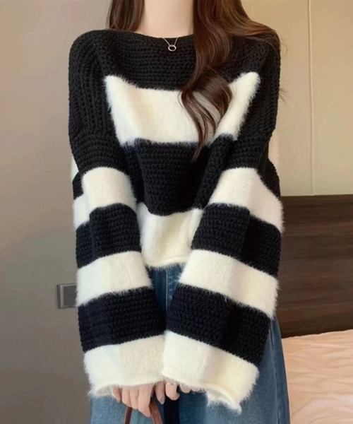 ADDITION STORE(アディションストア)の「クロップドワイドシルエット ボーダー クルーネックニット(ニット/セーター・レディース・ブラウン/オリーブ/ブラック・FREE)」の6枚目の写真