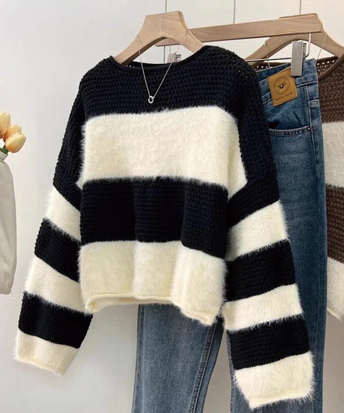 ADDITION STORE(アディションストア)の「クロップドワイドシルエット ボーダー クルーネックニット(ニット/セーター・レディース・ブラウン/オリーブ/ブラック・FREE)」の12枚目の写真