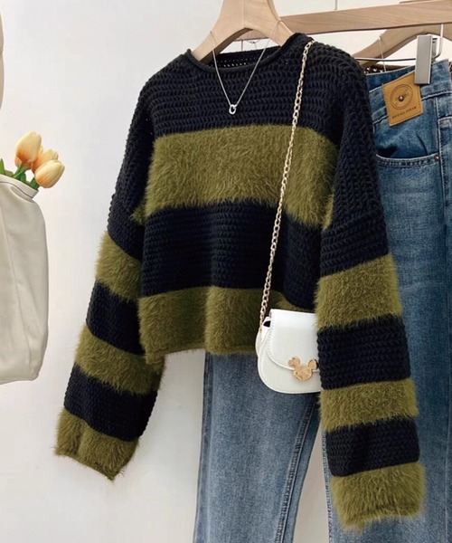 ADDITION STORE(アディションストア)の「クロップドワイドシルエット ボーダー クルーネックニット(ニット/セーター・レディース・ブラウン/オリーブ/ブラック・FREE)」の14枚目の写真