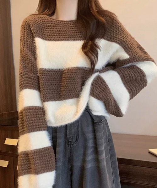 ADDITION STORE(アディションストア)の「クロップドワイドシルエット ボーダー クルーネックニット(ニット/セーター・レディース・ブラウン/オリーブ/ブラック・FREE)」の8枚目の写真