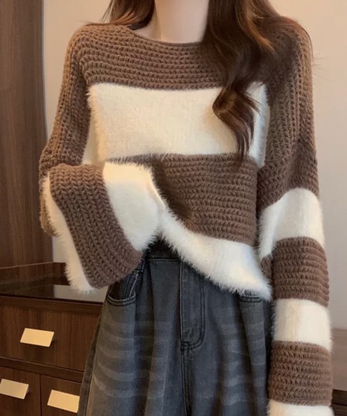 ADDITION STORE(アディションストア)の「クロップドワイドシルエット ボーダー クルーネックニット(ニット/セーター・レディース・ブラウン/オリーブ/ブラック・FREE)」の7枚目の写真