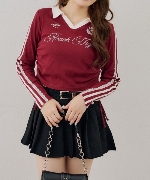 continuer de NICE CLAUP（コンティニューデナイスクラップ）の「配色襟キラキラロゴサイドドロストTee（Tシャツ/カットソー・レディース・ネイビー/ボルドー/ブラウン/アイボリー・FREE）」の4枚目の写真
