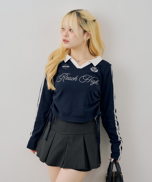 continuer de NICE CLAUP（コンティニューデナイスクラップ）の「配色襟キラキラロゴサイドドロストTee（Tシャツ/カットソー・レディース・ネイビー/ボルドー/ブラウン/アイボリー・FREE）」の6枚目の写真