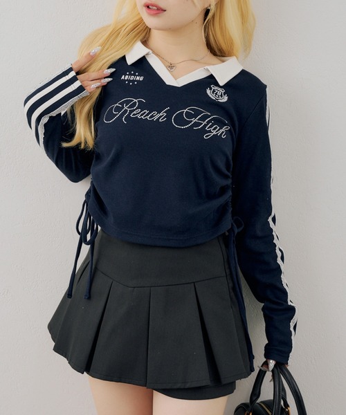 continuer de NICE CLAUP（コンティニューデナイスクラップ）の「配色襟キラキラロゴサイドドロストTee（Tシャツ/カットソー・レディース・ネイビー/ボルドー/ブラウン/アイボリー・FREE）」の7枚目の写真
