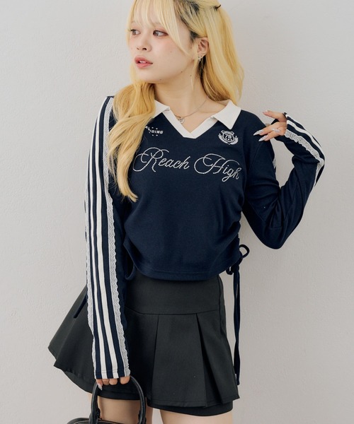 continuer de NICE CLAUP（コンティニューデナイスクラップ）の「配色襟キラキラロゴサイドドロストTee（Tシャツ/カットソー・レディース・ネイビー/ボルドー/ブラウン/アイボリー・FREE）」の8枚目の写真