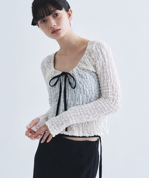 CODE A(コードエー)の「crinkle ribbon 2way top(Tシャツ/カットソー・レディース・ブラック/カーキ/オフホワイト・00)」の4枚目の写真