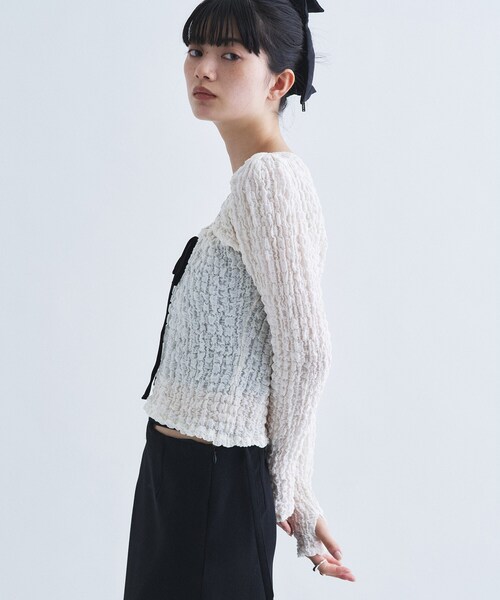 CODE A(コードエー)の「crinkle ribbon 2way top(Tシャツ/カットソー・レディース・ブラック/カーキ/オフホワイト・00)」の6枚目の写真