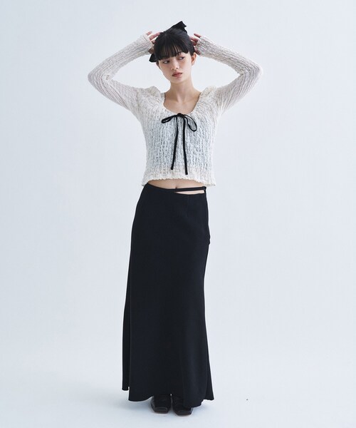 CODE A(コードエー)の「crinkle ribbon 2way top(Tシャツ/カットソー・レディース・ブラック/カーキ/オフホワイト・00)」の8枚目の写真