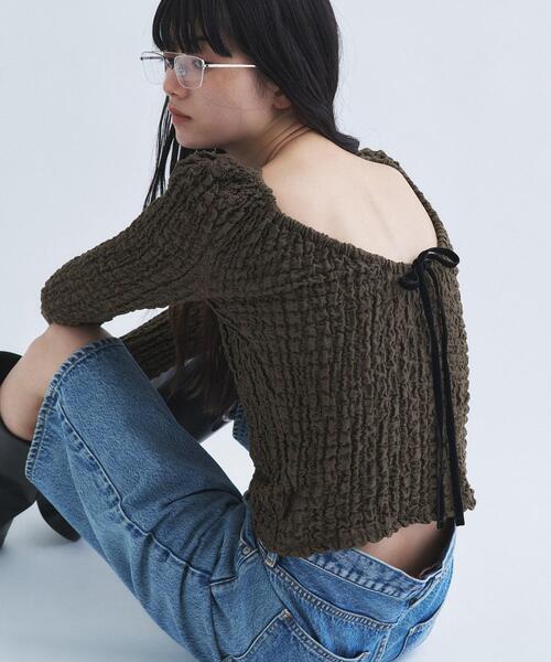 CODE A(コードエー)の「crinkle ribbon 2way top(Tシャツ/カットソー・レディース・ブラック/カーキ/オフホワイト・00)」の9枚目の写真