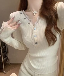 【WEB限定】Vネックレースニットトップス［骨格ウェーブ／フェミニン／韓国ガーリー］
