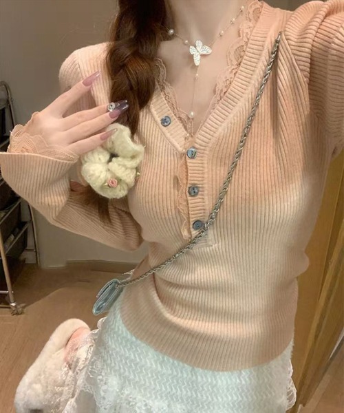 STAY MOTION（ステイモーション）の「【WEB限定】Vネックレースニットトップス［骨格ウェーブ／フェミニン／韓国ガーリー］（ニット/セーター・レディース・アイボリー/ピンク/ブラック・F）」の5枚目の写真