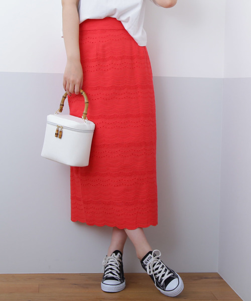 N.（N. Natural Beauty Basic）（エヌエヌナチュラルビューティーベーシック）の「コットンレースタイトミモレスカート（スカート・レディース・レッド/ネイビー・MEDIUM）」の2枚目の写真