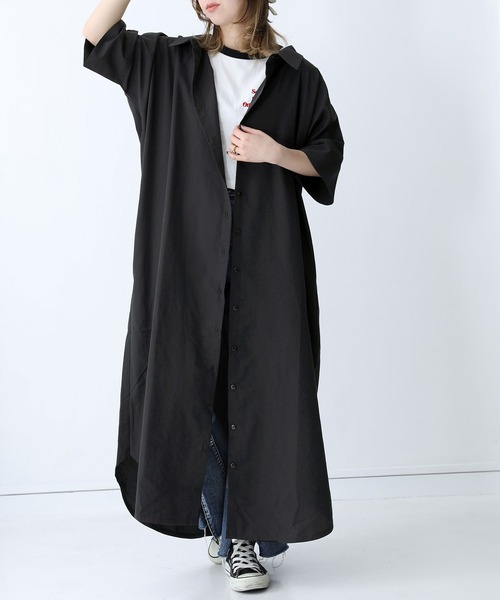 n'OrLABEL(ノアールレーベル)の「『ロングシャツワンピース』(シャツワンピース・レディース・ブラック/ネイビー/オフホワイト/グレー/グレイッシュベージュ・1/2)」の2枚目の写真