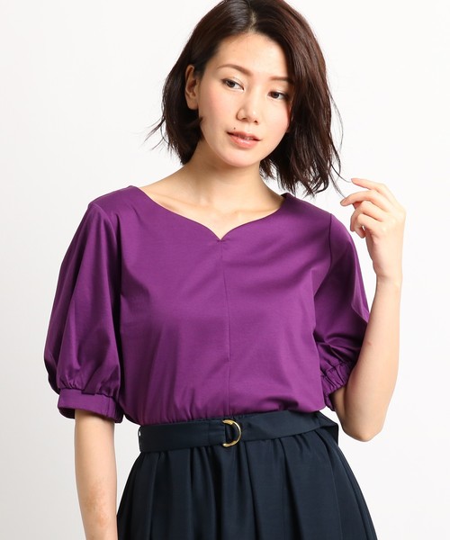 Sunauna(スーナウーナ)の「【洗える】ハートネック五分袖プルオーバー(Tシャツ/カットソー・レディース・ブラック/パープル/ブラック系1・38/40)」の1枚目の写真