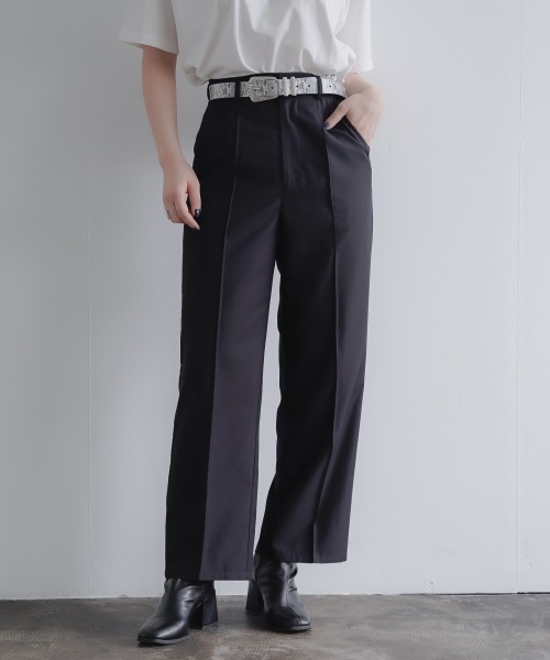 PAGEBOY(ページボーイ)の「セットアップ ダブルクロスパンツ(タックパンツ)(スラックス・レディース・ブラック/グレイッシュベージュ/ブルー・MEDIUM/SMALL)」の2枚目の写真