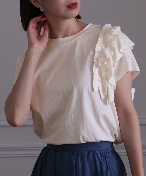 ElegChic（エレグシック）の「アシンメトリーフリルTシャツ（Tシャツ/カットソー・レディース・ホワイト/ブラック/ピンクベージュ・4L/XL/M）」の12枚目の写真