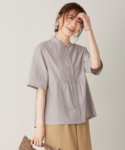 J.PRESS(ジェイプレス)の「【接触冷感・洗える】コットンストライプスタンドネック ブラウス(シャツ/ブラウス・レディース・ライトグレー系1/ピンク系/ワイン系1/スモーキーグリーン系・11/9)」の4枚目の写真
