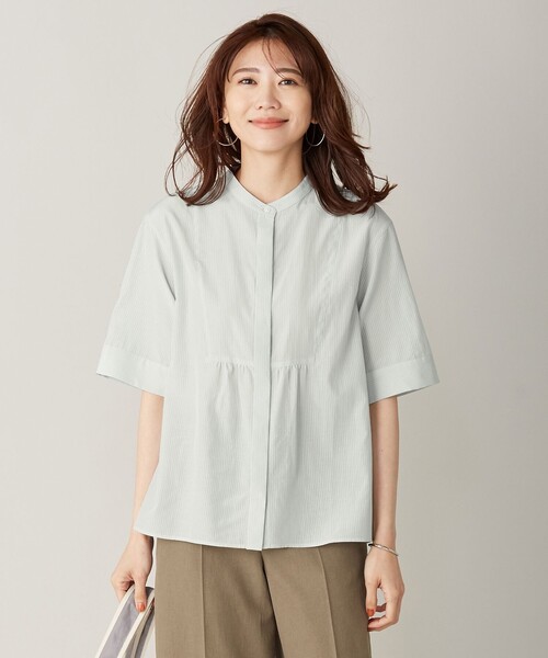 J.PRESS(ジェイプレス)の「【接触冷感・洗える】コットンストライプスタンドネック ブラウス(シャツ/ブラウス・レディース・ライトグレー系1/ピンク系/ワイン系1/スモーキーグリーン系・11/9)」の3枚目の写真