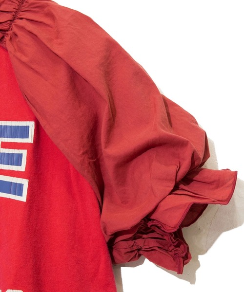 CUBE SUGAR（キューブシュガー）の「CUBE SUGAR/キューブシュガー　21/-OE天竺パウダー加工ボリューム布帛スリーブTシャツ（Tシャツ/カットソー・レディース・チャコールグレー/ホワイト/レッド・FREE）」の10枚目の写真