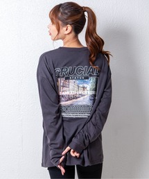 GGD | ビッグシルエットリブ付きロングTシャツ　　袖プリント　刺繍　バックプリント　フォト風ラバープリント(Tシャツ/カットソー)