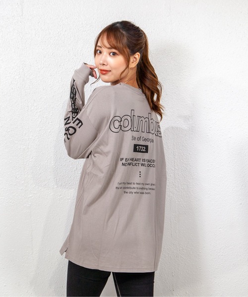 GGD(ジージーディー)の「ビッグシルエットリブ付きロングTシャツ 袖プリント 刺繍 バックプリント フォト風ラバープリント(Tシャツ/カットソー・レディース・ホワイト系その他/ホワイト/ブルー系その他/ブラウン系その他/ブラック系その他2/ブルー/グレー/ブラック/ピンク/ブラック系その他/ブラウン/ホワイト系その他2/ブルー系その他2・L/LL/M)」の7枚目の写真