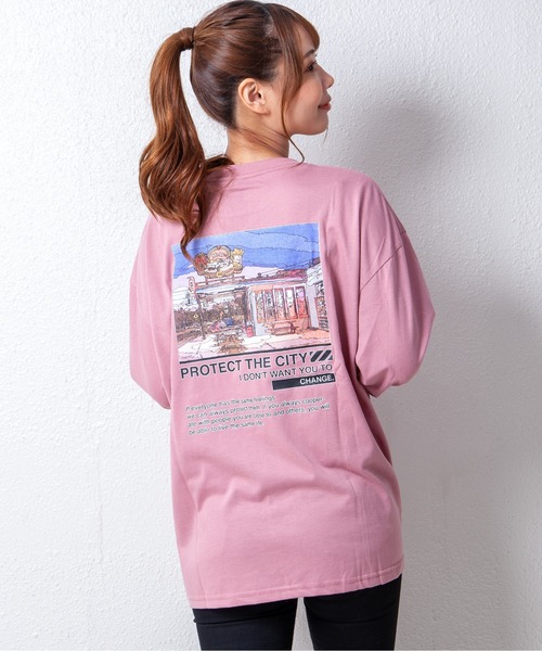 GGD(ジージーディー)の「ビッグシルエットリブ付きロングTシャツ 袖プリント 刺繍 バックプリント フォト風ラバープリント(Tシャツ/カットソー・レディース・ホワイト系その他/ホワイト/ブルー系その他/ブラウン系その他/ブラック系その他2/ブルー/グレー/ブラック/ピンク/ブラック系その他/ブラウン/ホワイト系その他2/ブルー系その他2・L/LL/M)」の13枚目の写真