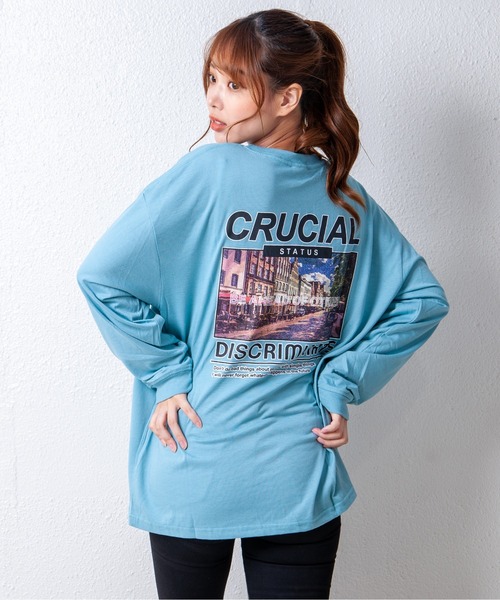 GGD(ジージーディー)の「ビッグシルエットリブ付きロングTシャツ 袖プリント 刺繍 バックプリント フォト風ラバープリント(Tシャツ/カットソー・レディース・ホワイト系その他/ホワイト/ブルー系その他/ブラウン系その他/ブラック系その他2/ブルー/グレー/ブラック/ピンク/ブラック系その他/ブラウン/ホワイト系その他2/ブルー系その他2・L/LL/M)」の12枚目の写真