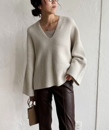 CAPRICIEUX LE'MAGE | 深Vネックリップル袖プルオーバー(ニット/セーター)