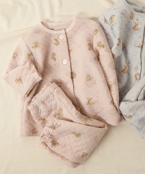 apres les cours（アプレレクール）の「くまモチーフ柄前開きキルトパジャマ（ルームウェア/パジャマ・キッズ・サックスブルー/ピンク・110/80/100/120/90/130）」の2枚目の写真