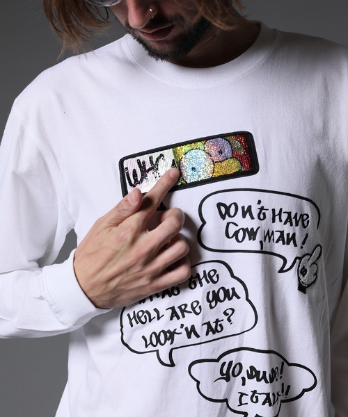 STUD MUFFIN(スタッドマフィン)の「mlt3640-5.6ozコットン天竺 SPEACH BUBBLESシークイン LS Tシャツ(Tシャツ/カットソー・メンズ・ホワイト/ブラック・2/3/4)」の6枚目の写真