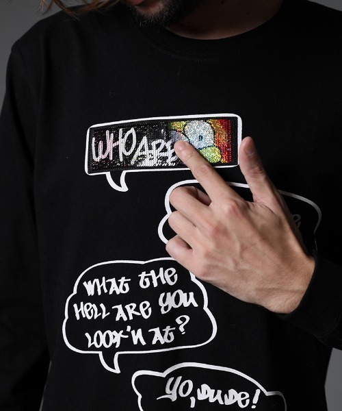 STUD MUFFIN(スタッドマフィン)の「mlt3640-5.6ozコットン天竺 SPEACH BUBBLESシークイン LS Tシャツ(Tシャツ/カットソー・メンズ・ホワイト/ブラック・2/3/4)」の16枚目の写真