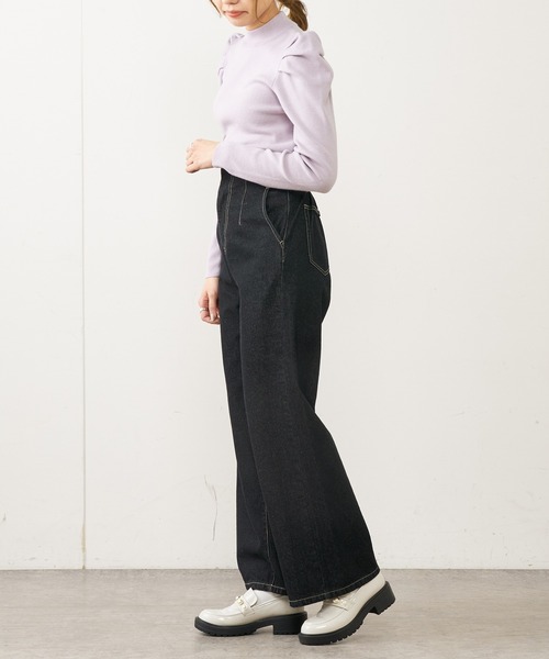 OLIVE des OLIVE（オリーブデオリーブ）の「スタイルアップデニムワイドパンツ（デニムパンツ・レディース・ブラック/サックスブルー/ワンウォッシュ/ラベンダー・FREE）」の6枚目の写真